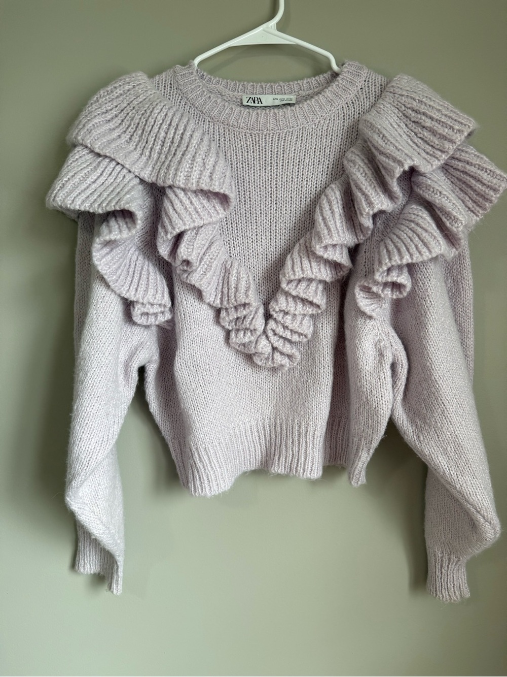 ZARA Light Lavender Ruffle-Detail Knit Sweater Size Medium